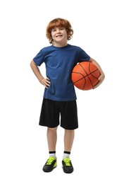 Photo of Little boy with basketball ball on white background