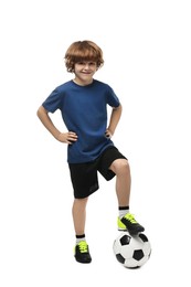 Photo of Little boy with soccer ball on white background