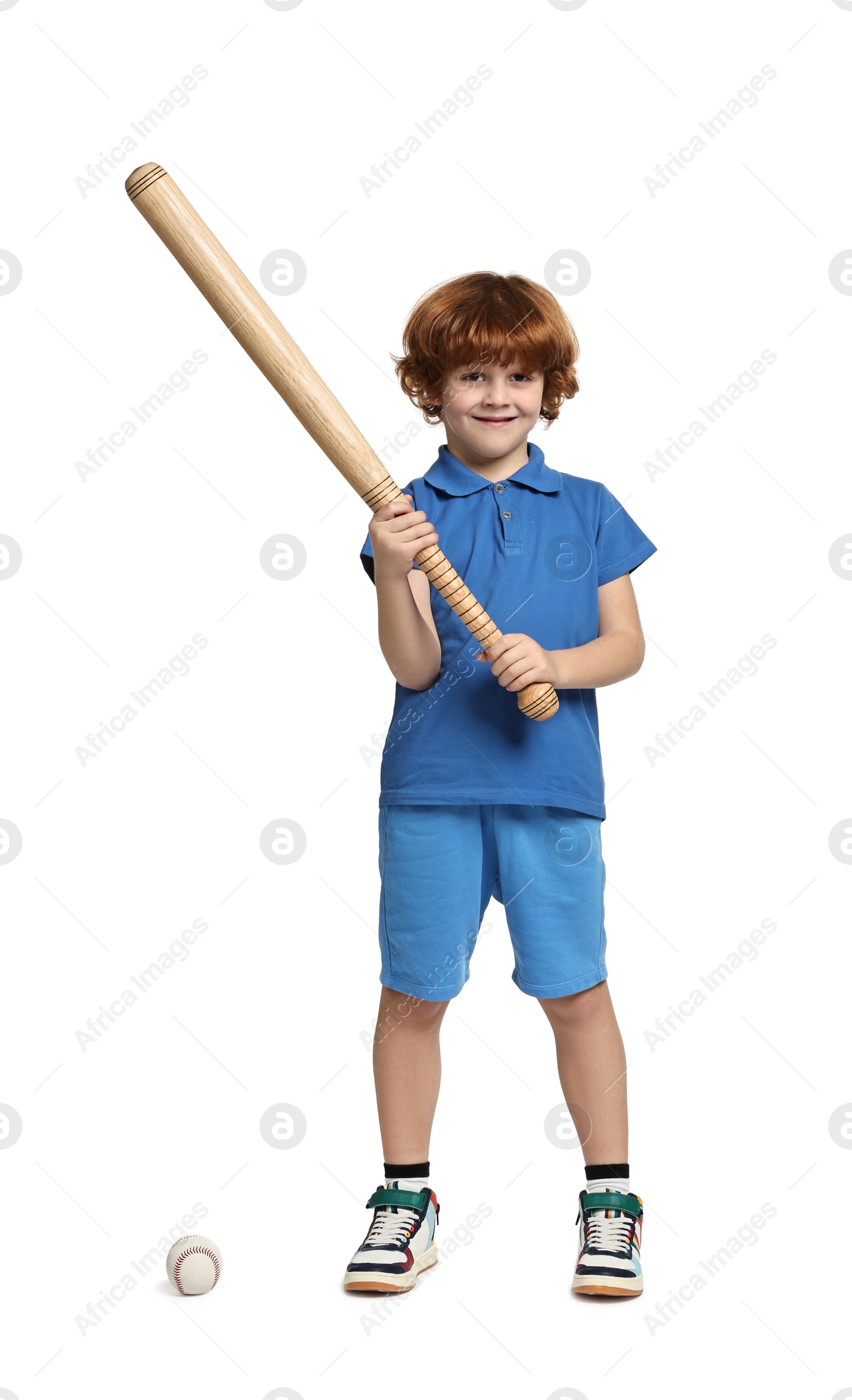 Photo of Little boy with baseball bat on white background