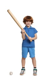 Photo of Little boy with baseball bat on white background