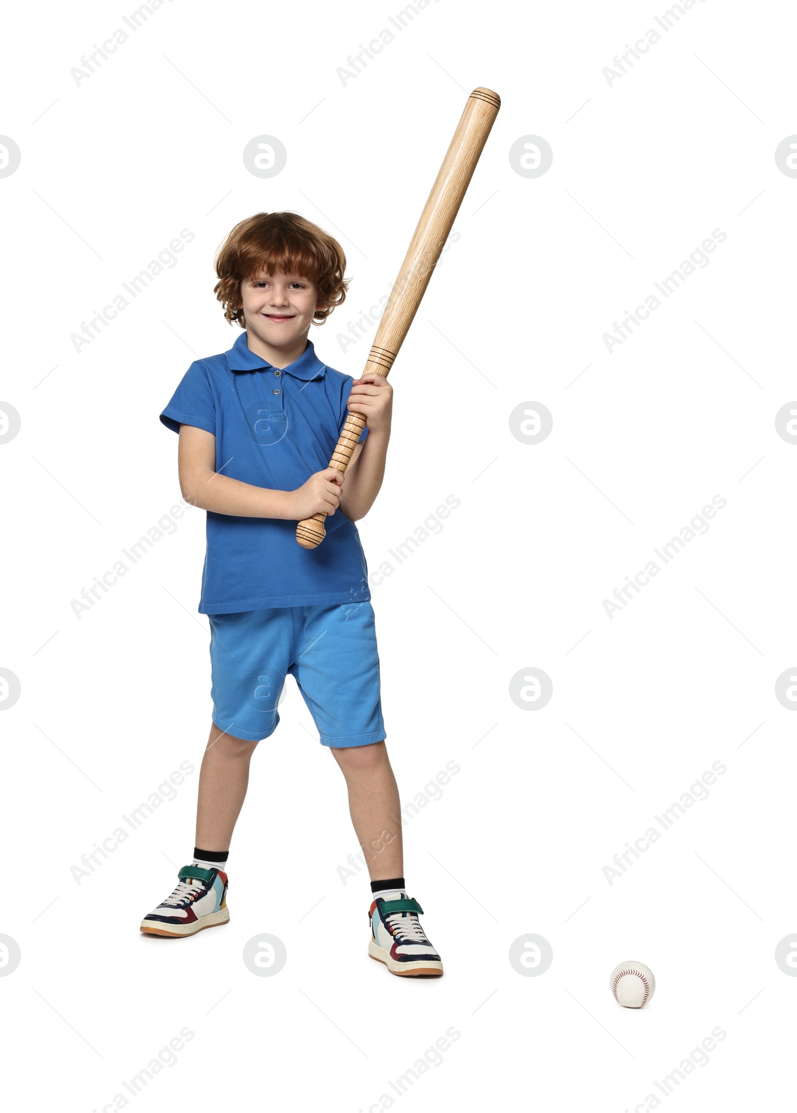 Photo of Little boy with baseball bat on white background