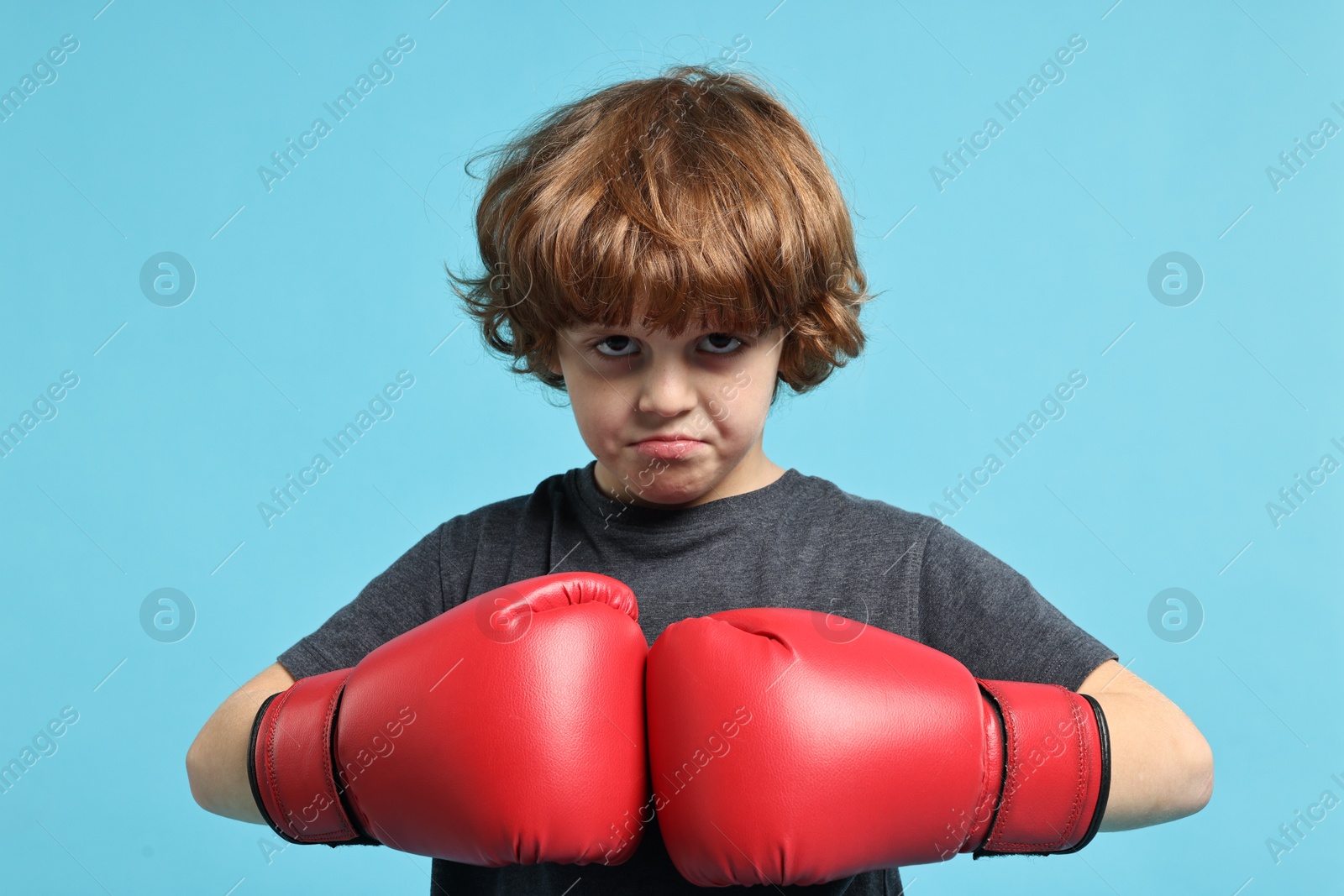 Photo of Little boy with boxing gloves on light blue background