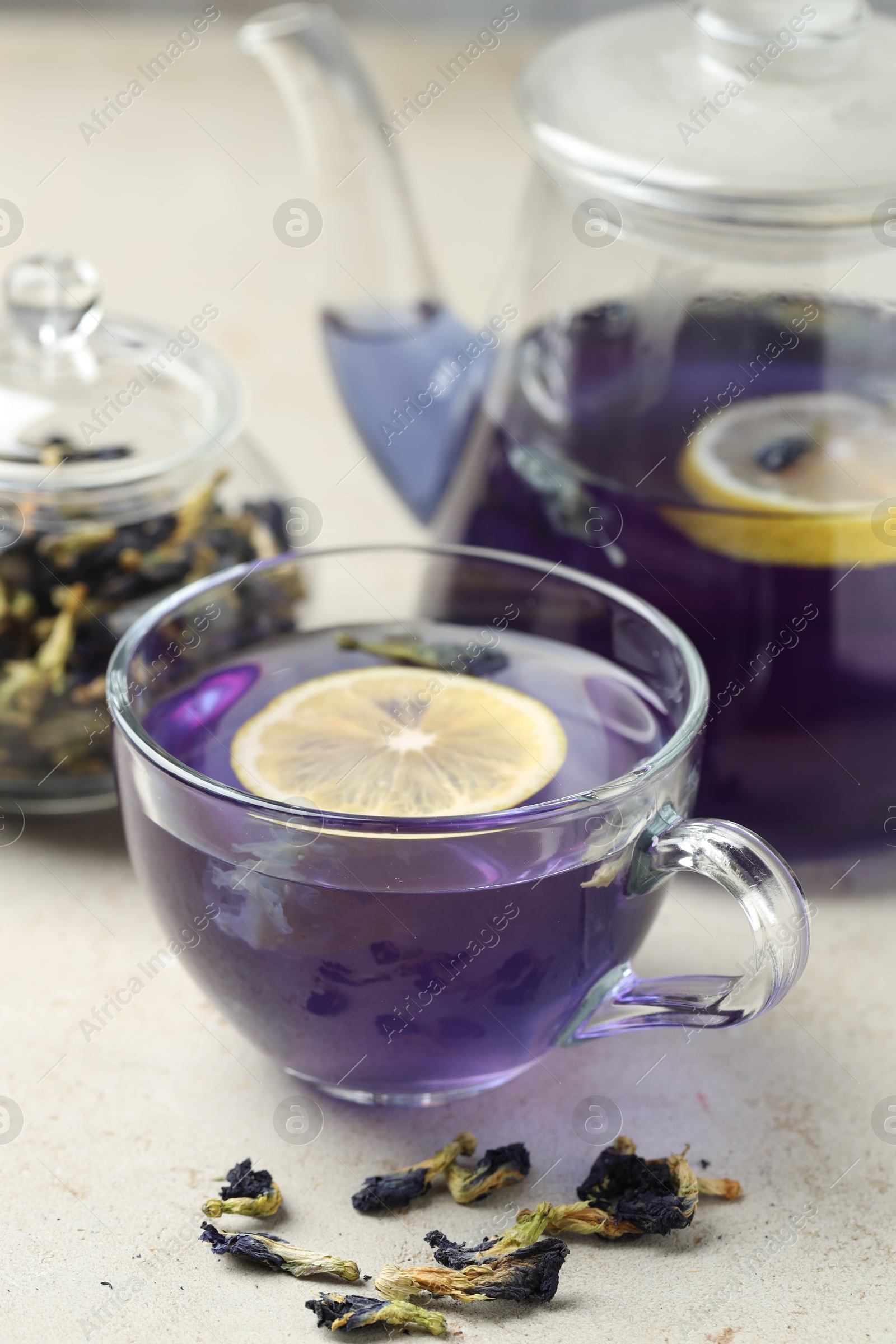 Photo of Delicious butterfly pea flower tea with lemon on gray textured table, closeup