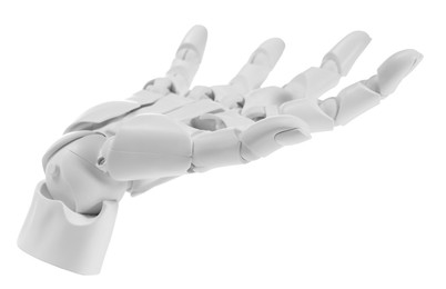 Photo of Artificial intelligence. Robot hand gesturing on white background