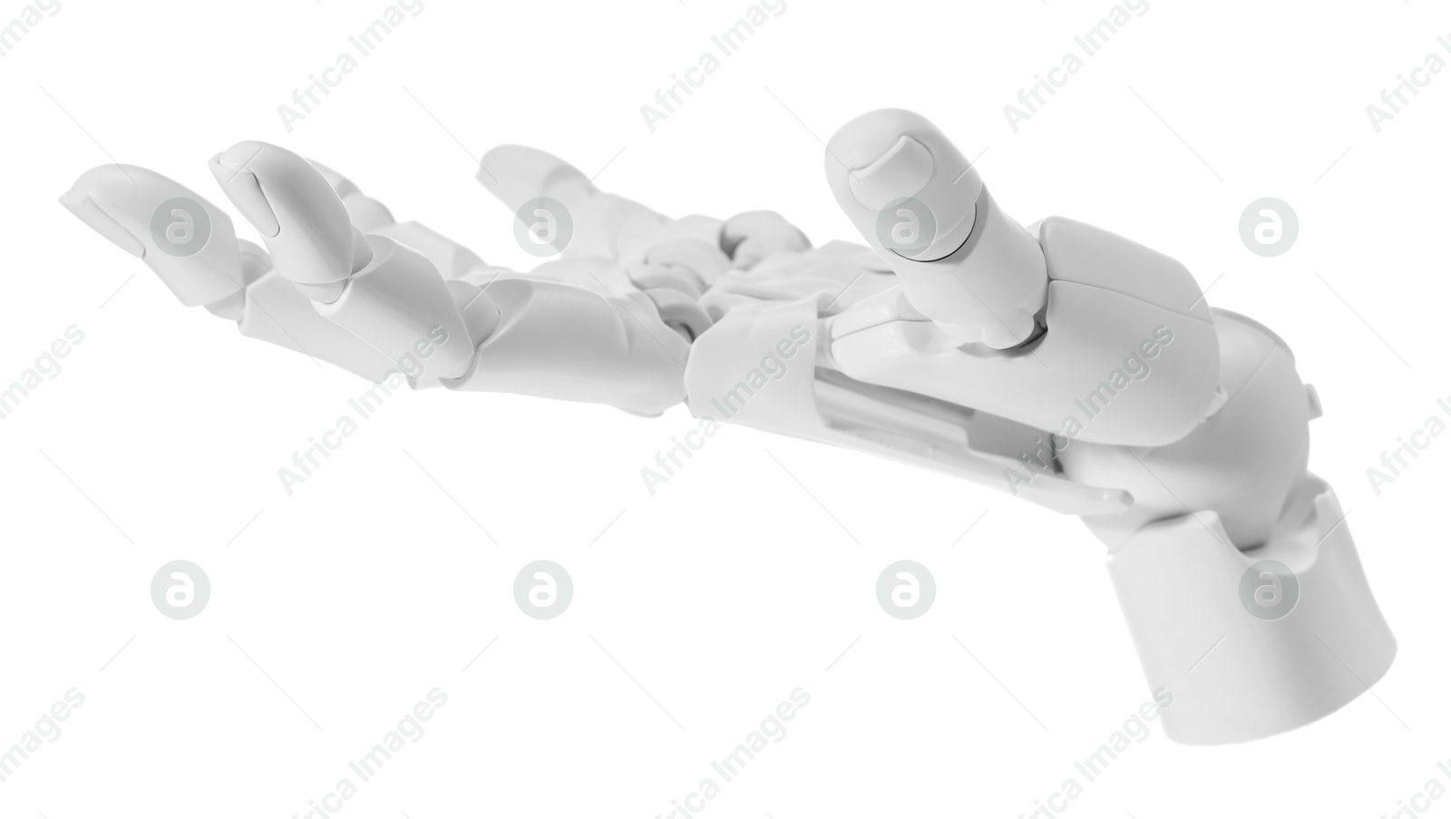 Photo of Artificial intelligence. Robot hand gesturing on white background