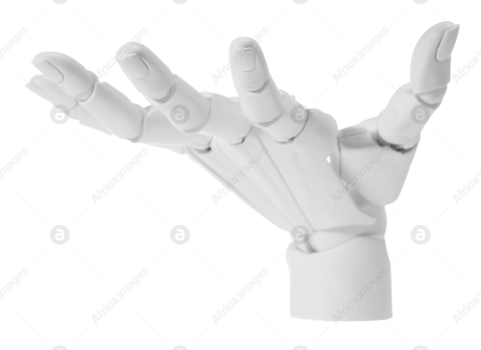 Photo of Artificial intelligence. Robot hand gesturing on white background