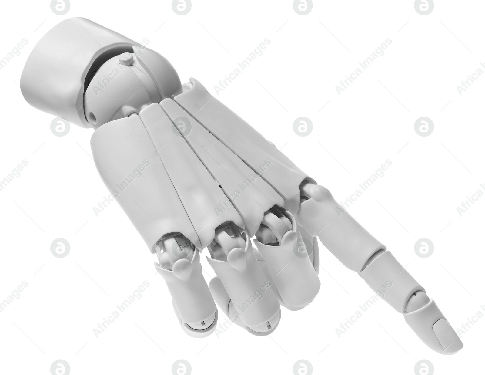 Photo of Artificial intelligence. Robot hand pointing at something on white background