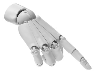 Photo of Artificial intelligence. Robot hand pointing at something on white background