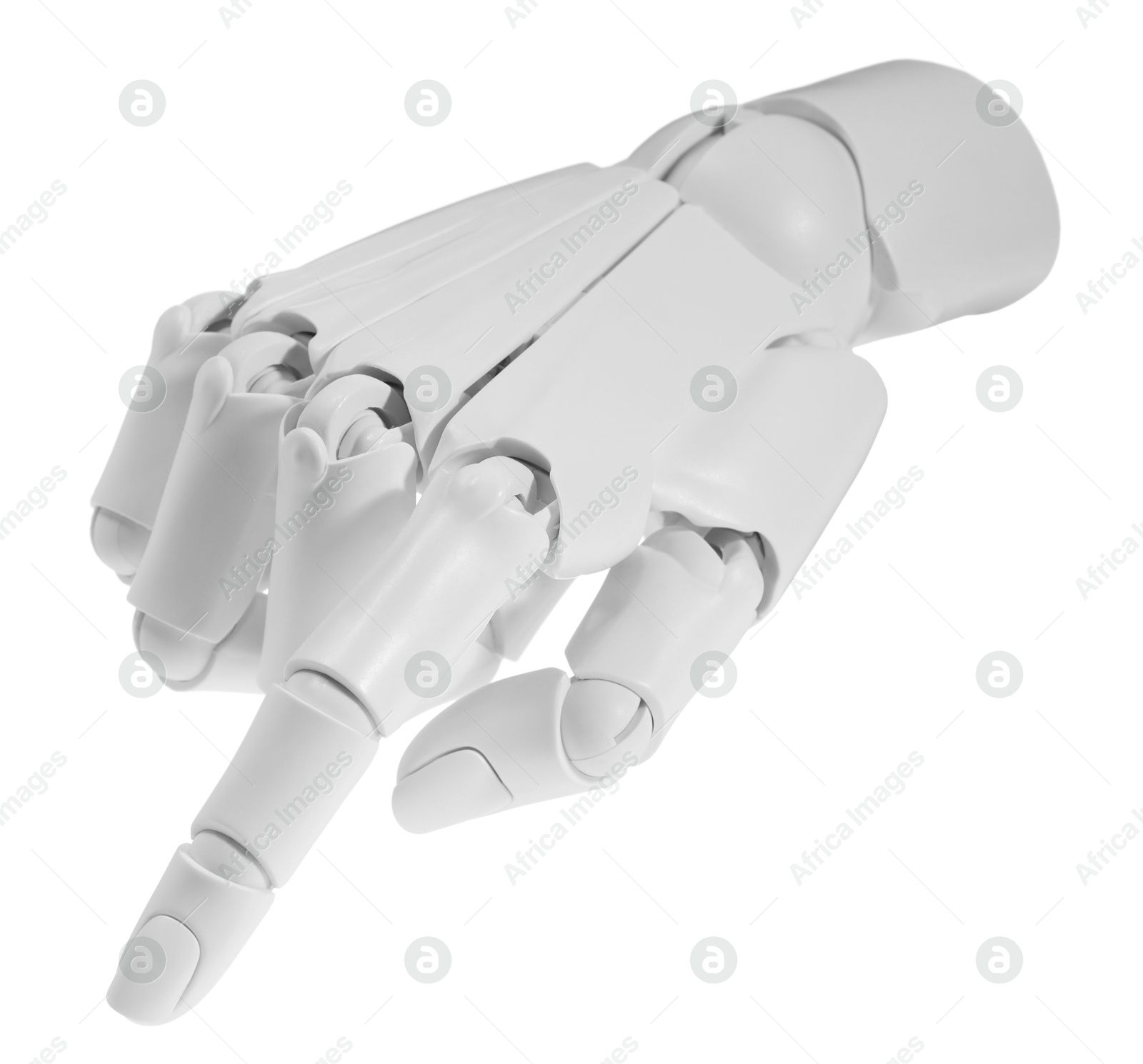 Photo of Artificial intelligence. Robot hand pointing at something on white background