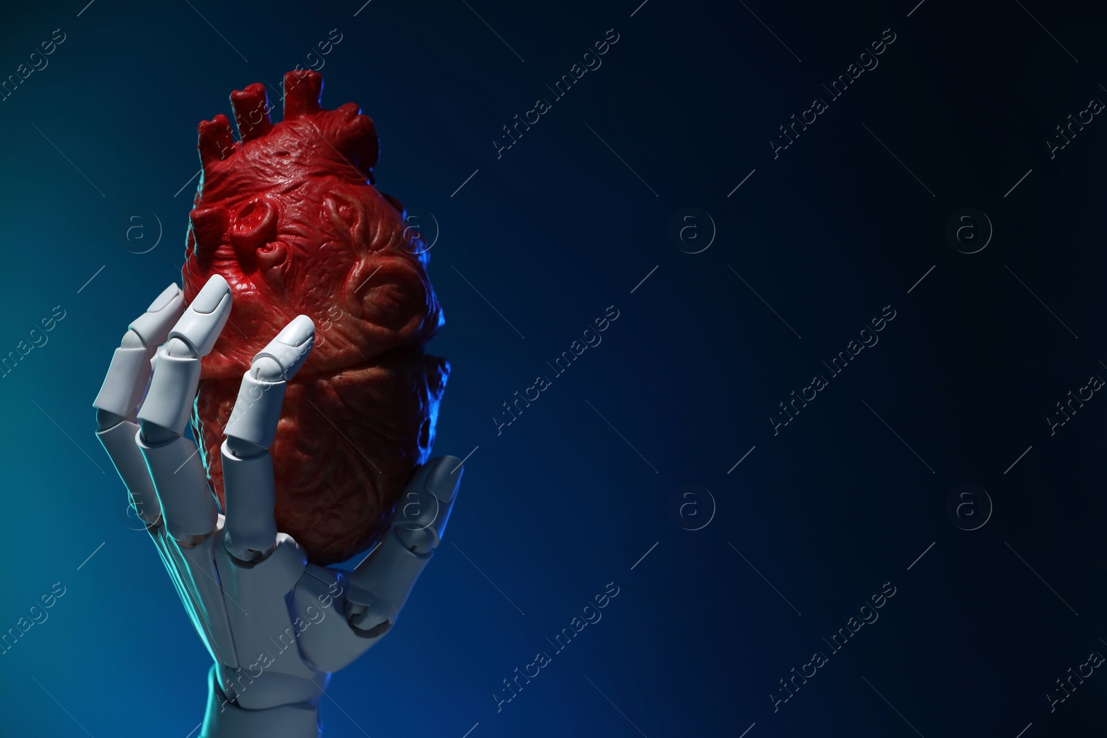 Photo of Artificial intelligence. Robot hand holding model of human heart on dark blue background, closeup. Space for text