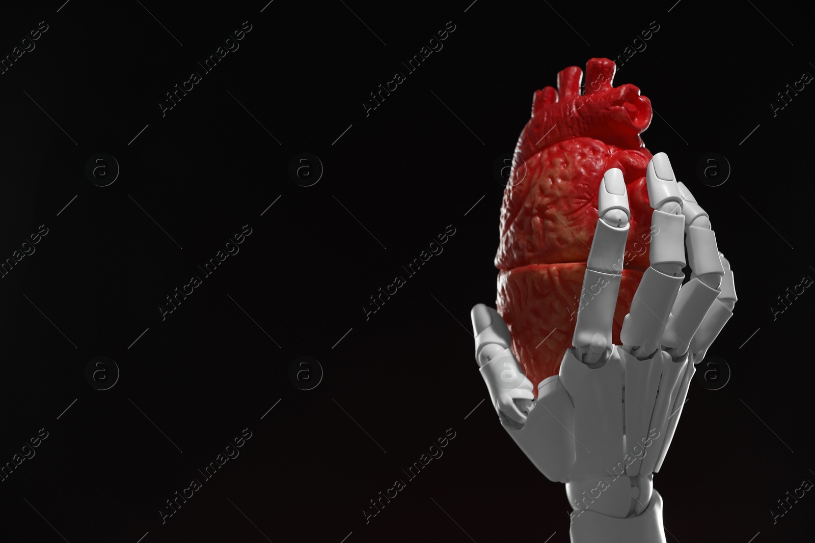 Photo of Artificial intelligence. Robot hand holding model of human heart on black background, closeup. Space for text