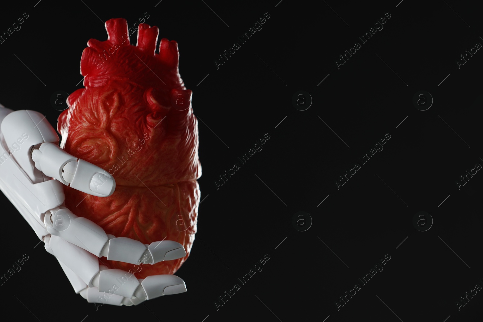 Photo of Artificial intelligence. Robot hand holding model of human heart on black background, closeup. Space for text