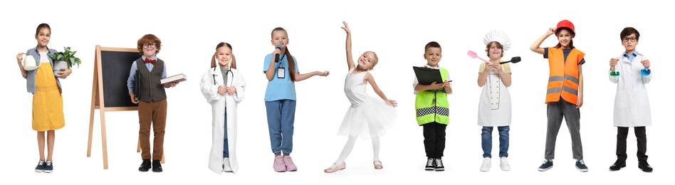 Future profession. Cute children copying people from different occupations on white background