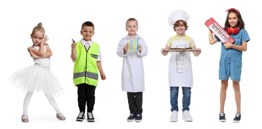 Future profession. Cute children copying people from different occupations on white background