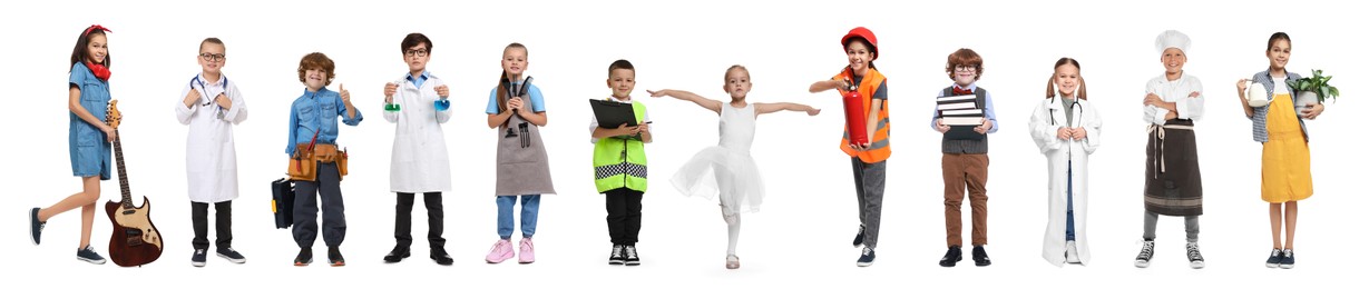 Future profession. Cute children copying people from different occupations on white background