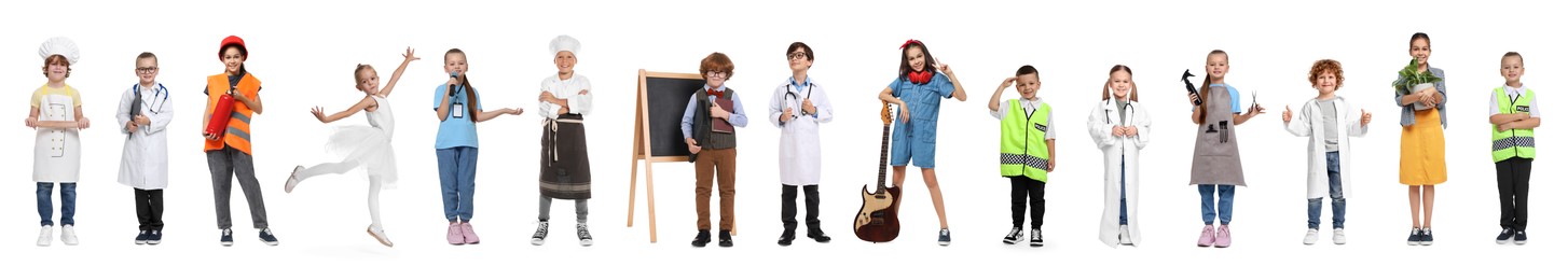 Image of Future profession. Cute children copying people from different occupations on white background