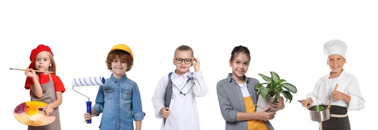 Future profession. Cute children copying people from different occupations on white background