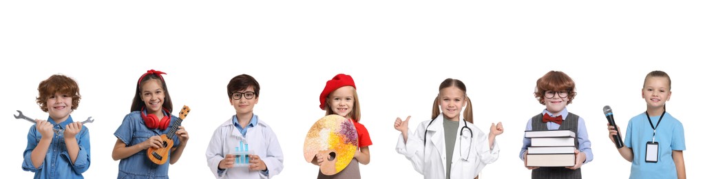 Image of Future profession. Cute children copying people from different occupations on white background