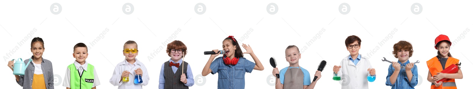 Image of Future profession. Cute children copying people from different occupations on white background