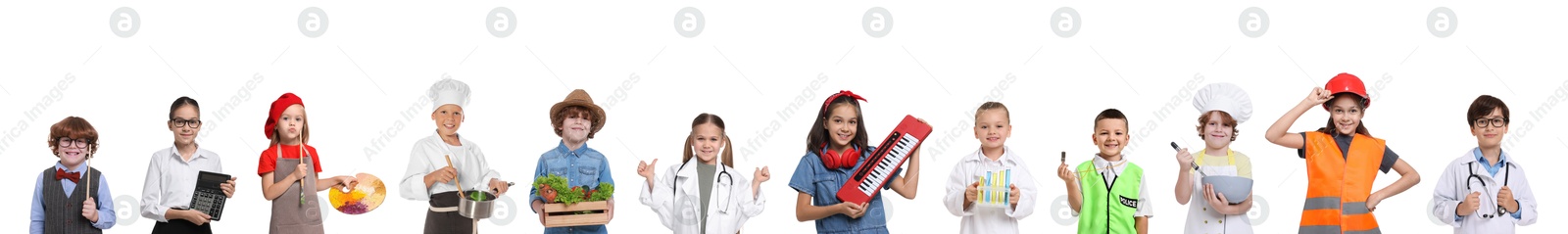 Image of Future profession. Cute children copying people from different occupations on white background