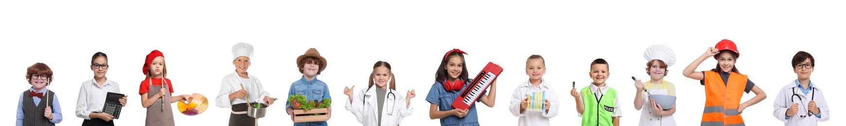 Image of Future profession. Cute children copying people from different occupations on white background