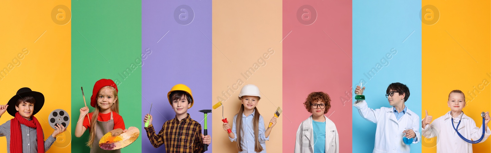 Image of Future profession. Cute children copying people from different occupations on bright backgrounds