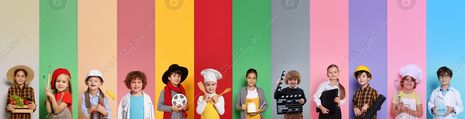 Image of Future profession. Cute children copying people from different occupations on bright backgrounds