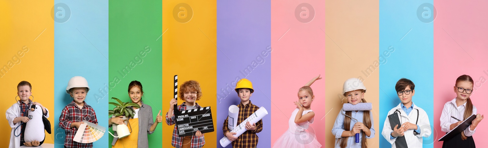 Image of Future profession. Cute children copying people from different occupations on bright backgrounds