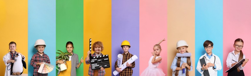 Image of Future profession. Cute children copying people from different occupations on bright backgrounds