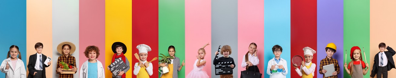 Image of Future profession. Cute children copying people from different occupations on bright backgrounds