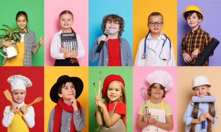 Image of Future profession. Cute children copying people from different occupations on bright backgrounds