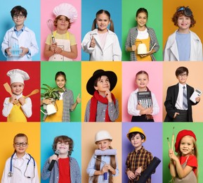 Future profession. Cute children copying people from different occupations on bright backgrounds