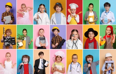 Future profession. Cute children copying people from different occupations on bright backgrounds