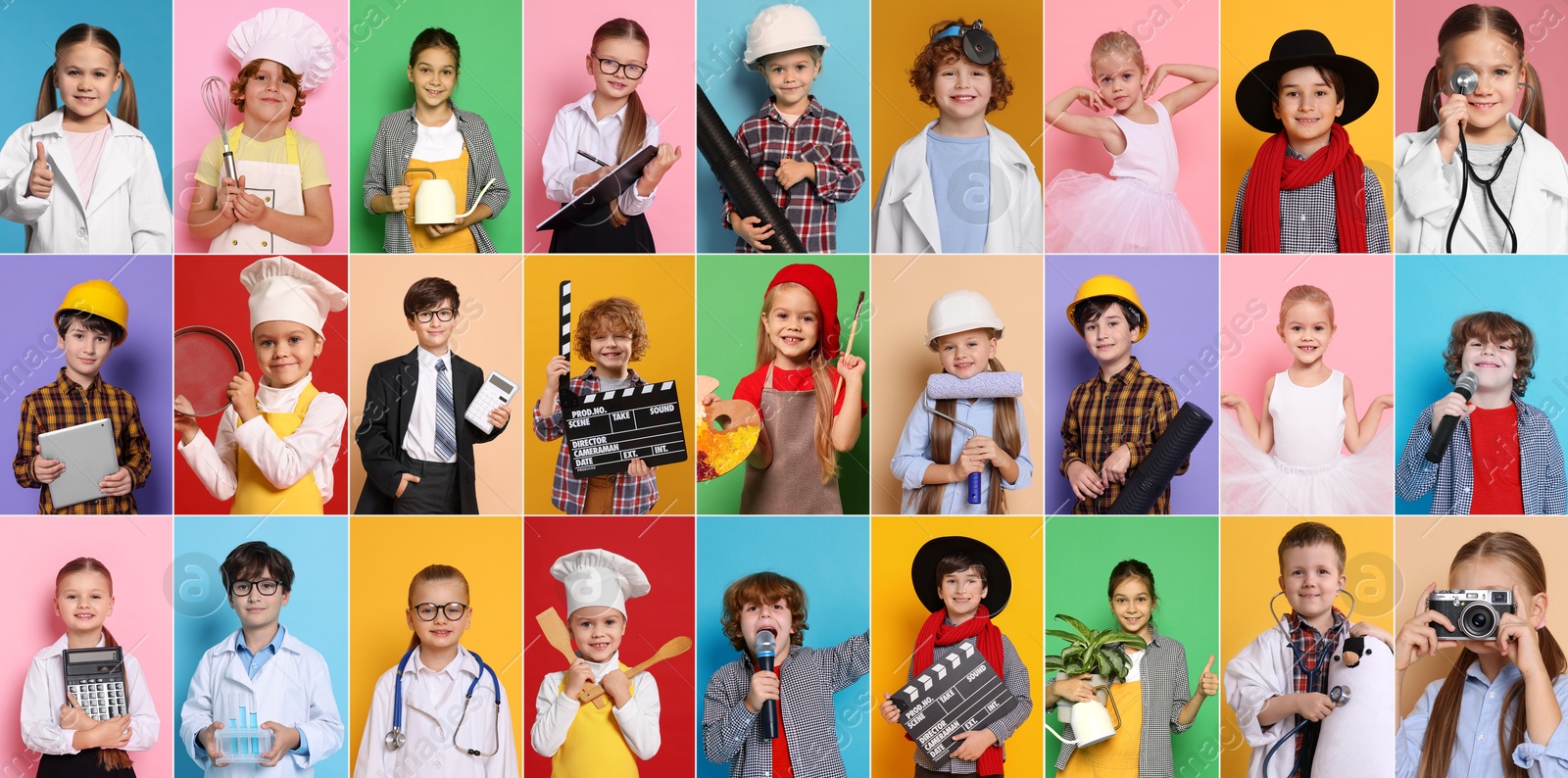 Image of Future profession. Cute children copying people from different occupations on bright backgrounds