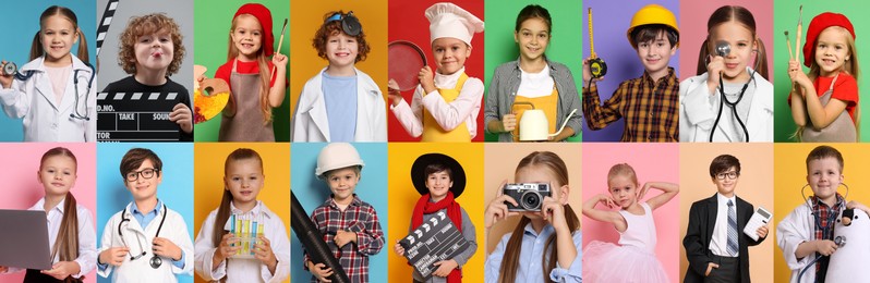 Image of Future profession. Cute children copying people from different occupations on bright backgrounds