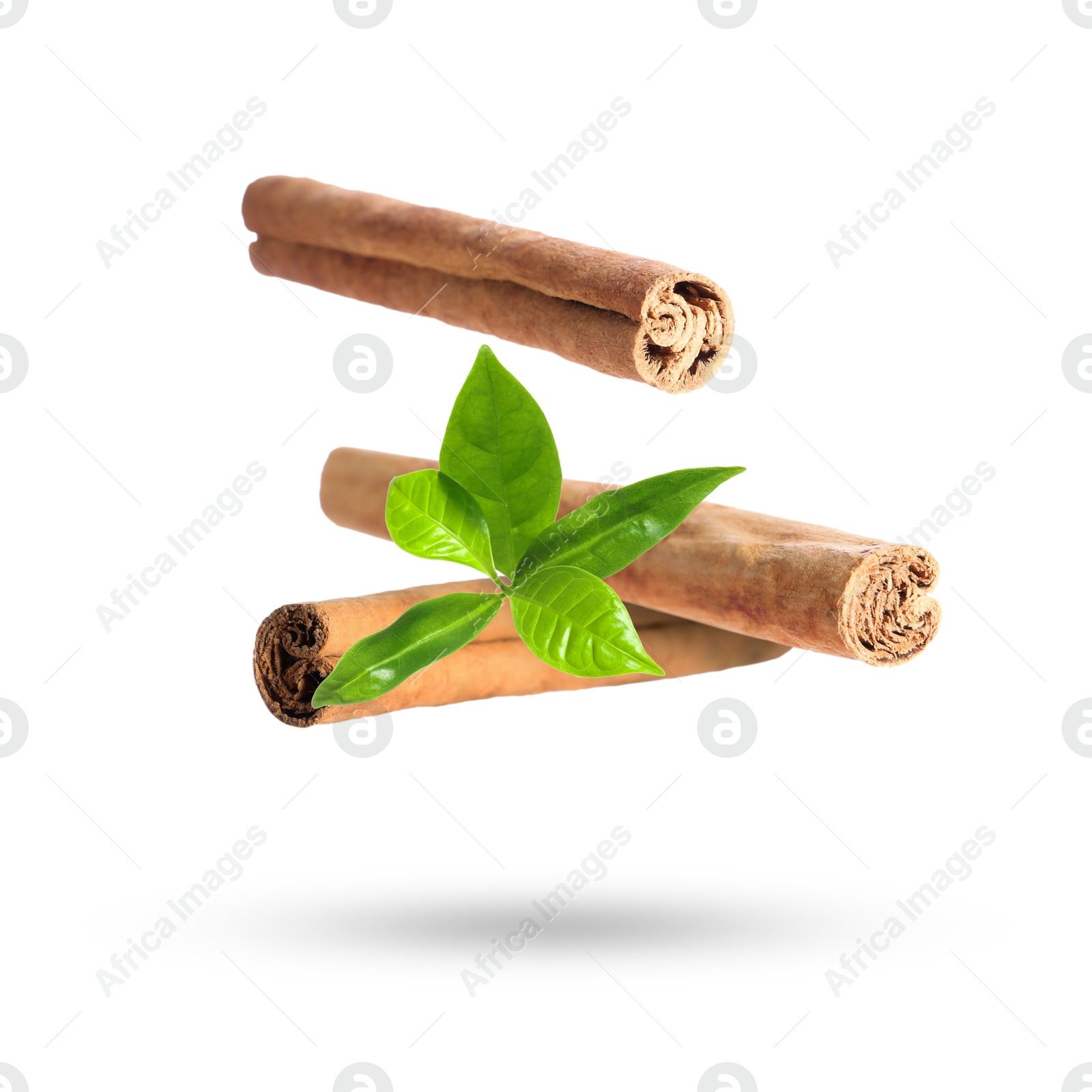 Image of Cinnamon sticks and green leaves in air on white background