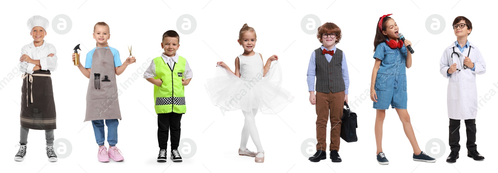 Image of Future profession. Cute children copying people from different occupations on white background