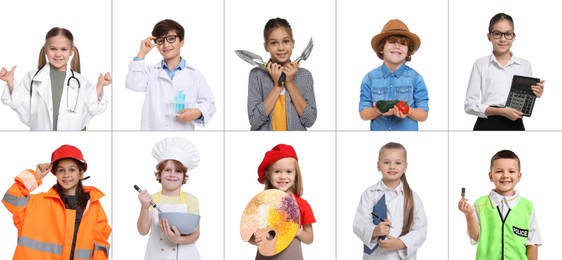 Future profession. Cute children copying people from different occupations on white background