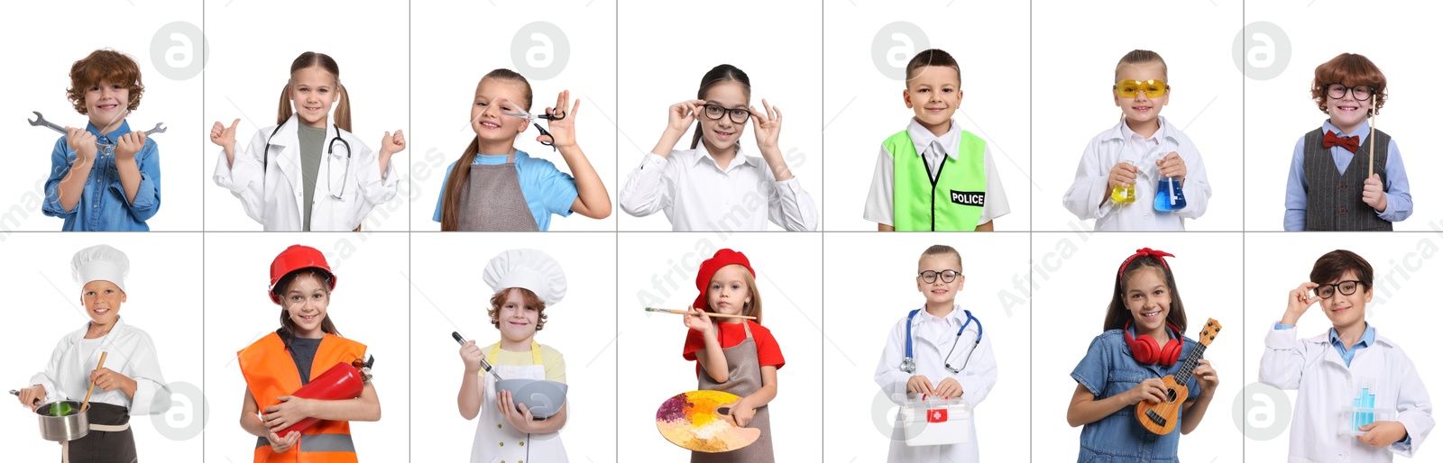 Image of Future profession. Cute children copying people from different occupations on white background