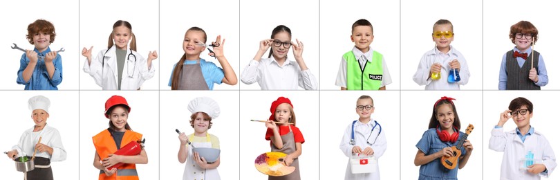 Future profession. Cute children copying people from different occupations on white background