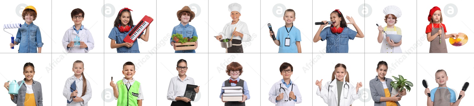 Image of Future profession. Cute children copying people from different occupations on white background