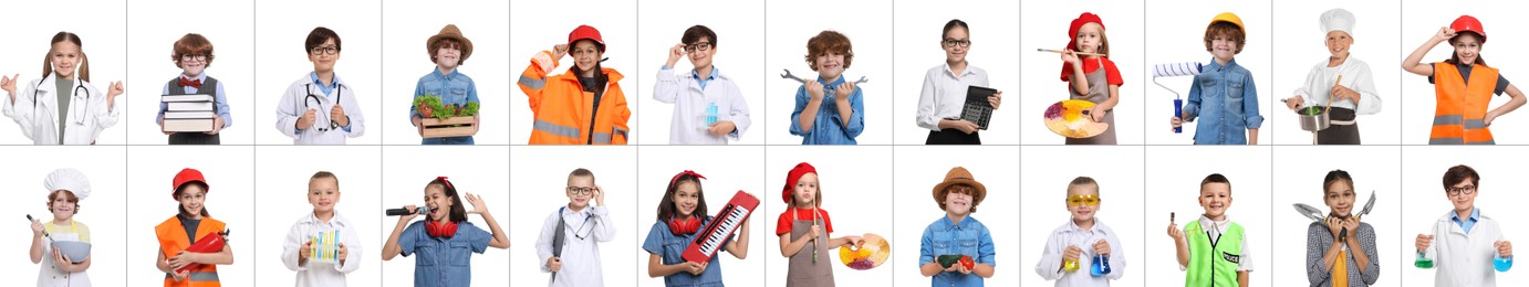 Future profession. Cute children copying people from different occupations on white background