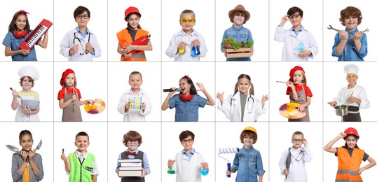 Image of Future profession. Cute children copying people from different occupations on white background