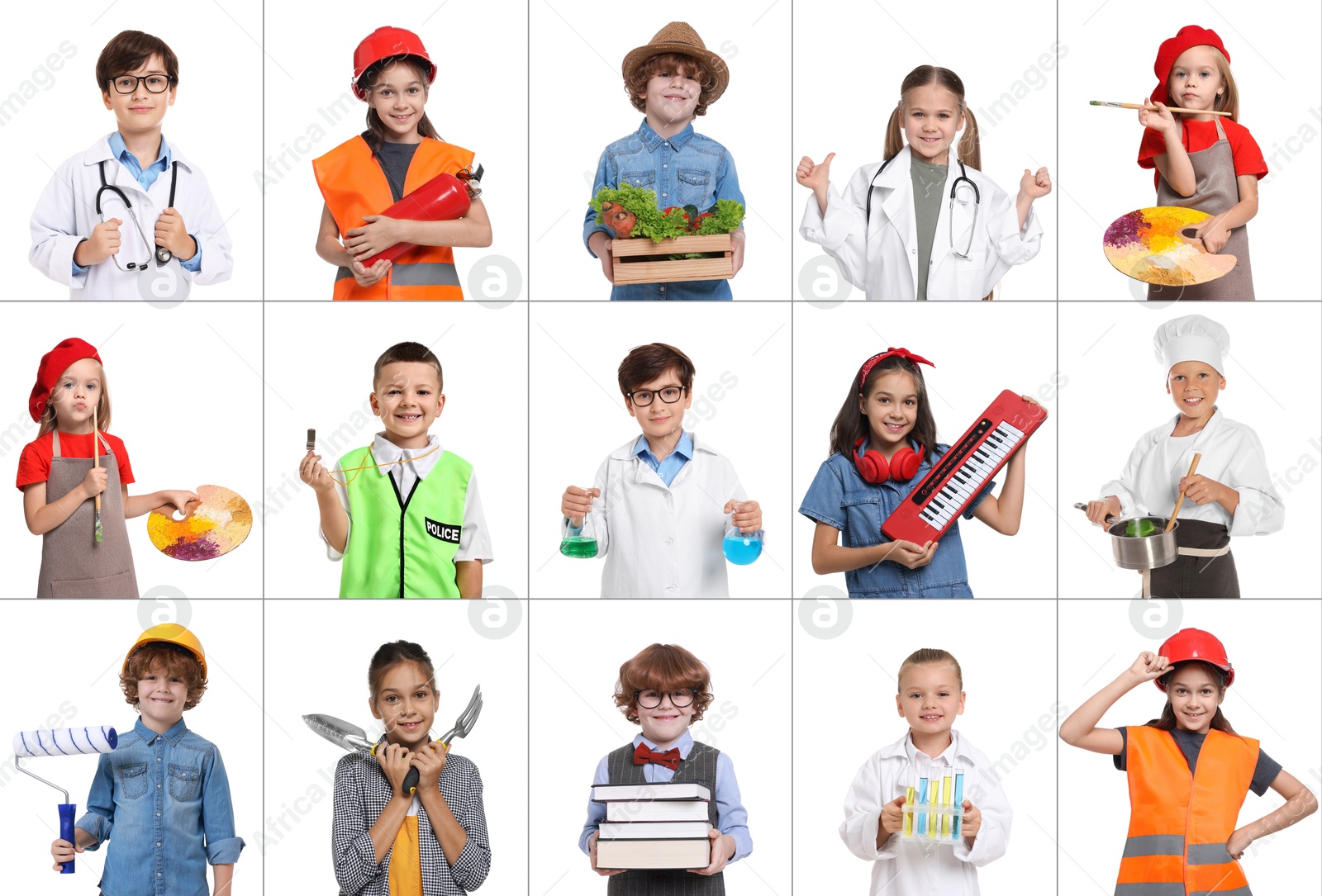 Image of Future profession. Cute children copying people from different occupations on white background