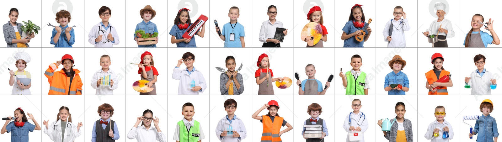 Image of Future profession. Cute children copying people from different occupations on white background