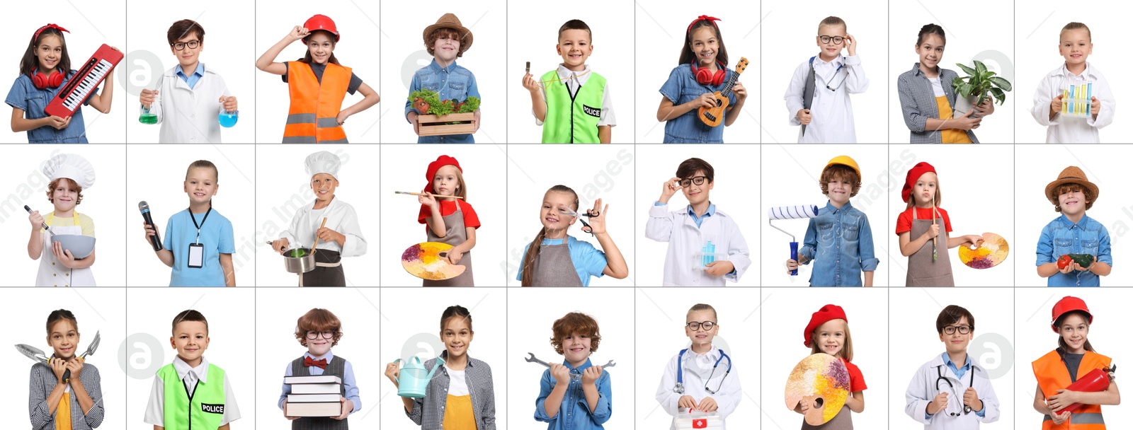 Image of Future profession. Cute children copying people from different occupations on white background