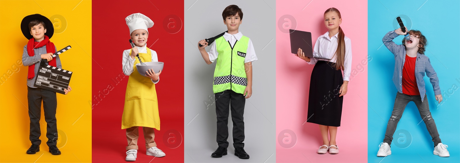 Image of Future profession. Cute children copying people from different occupations on bright backgrounds