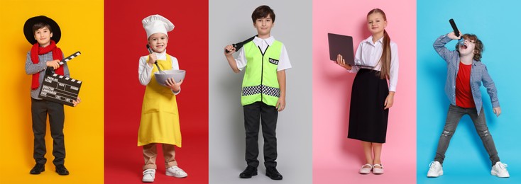 Image of Future profession. Cute children copying people from different occupations on bright backgrounds