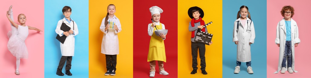 Future profession. Cute children copying people from different occupations on bright backgrounds