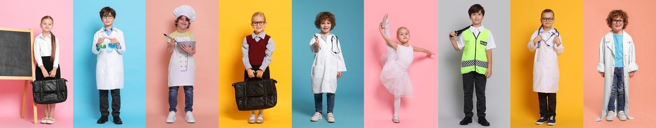 Future profession. Cute children copying people from different occupations on bright backgrounds